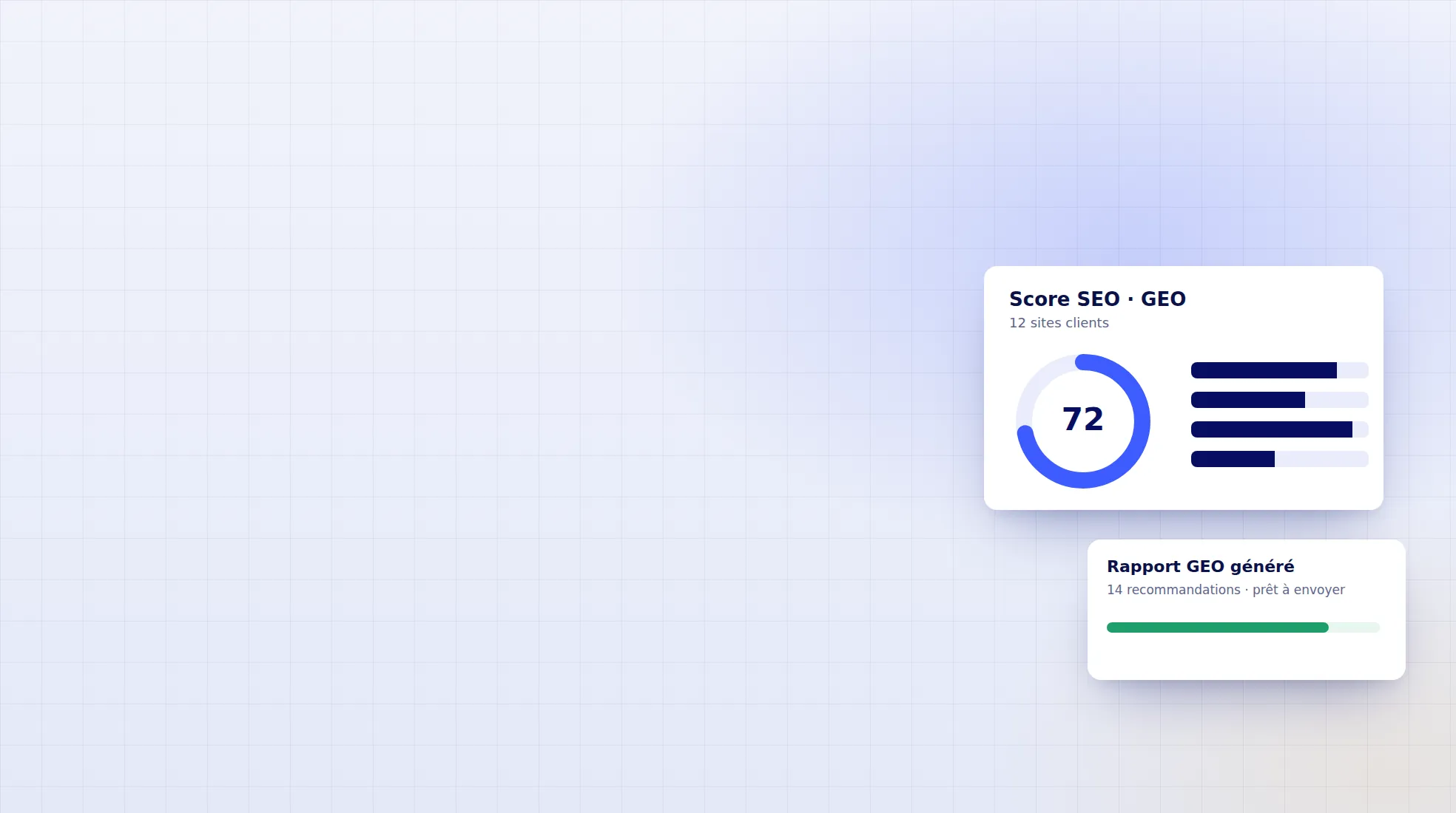 Interface d'audit SEO et GEO d'AstraGSO : score de 72 et rapport généré